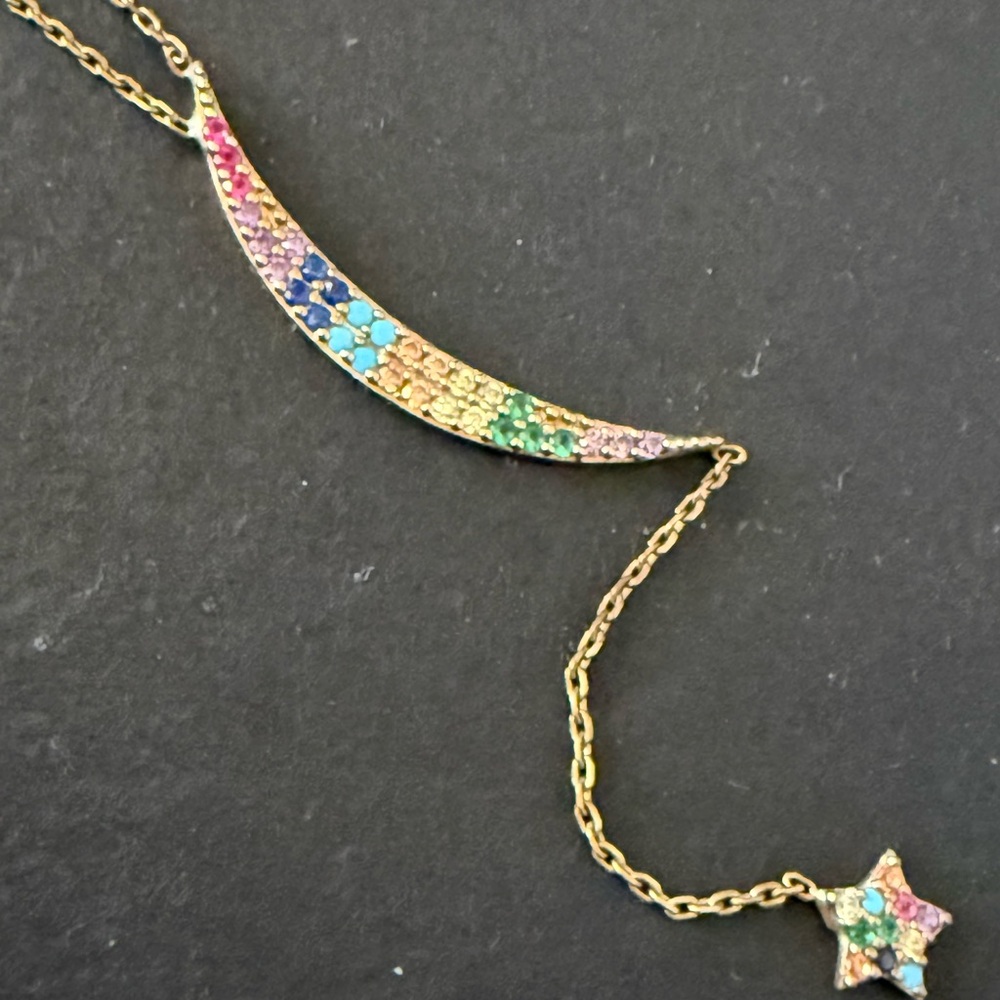 Gold Plated Silver Multicolor Crescent and Star Necklace